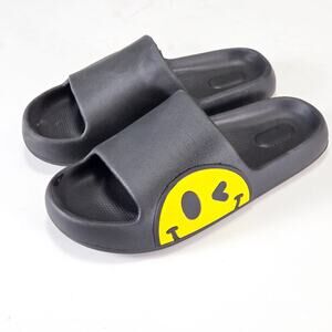 Women's Slides Yellow Happy Face Black Slip-On Comfortable Casual Wear Size 9